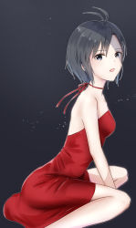 Rule 34 | 1girl, :d, absurdres, antenna hair, backless dress, backless outfit, between legs, black eyes, black hair, breasts, choker, dress, grey background, hair between eyes, hand between legs, highres, idolmaster, idolmaster (classic), kikuchi makoto, looking at viewer, medium breasts, mogskg, open mouth, red dress, red ribbon, ribbon, ribbon choker, short dress, short hair, sitting, sleeveless, sleeveless dress, smile, solo, strapless, strapless dress, wariza