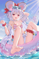 Rule 34 | 1girl, :d, absurdres, animal ears, arm up, armpits, bare shoulders, barefoot, bikini, breasts, bridal garter, choker, cleavage, day, fake animal ears, foreshortening, granblue fantasy, highres, innertube, jacket, knees up, looking at viewer, medium breasts, mouse ears, off shoulder, open mouth, outdoors, red eyes, see-through, serika, short hair, smile, solo, spread legs, star-shaped eyewear, star (symbol), striped bikini, striped clothes, sunlight, swim ring, swimsuit, thighs, vikala (blooming summer wallflower) (granblue fantasy), vikala (granblue fantasy), water, white hair, white jacket
