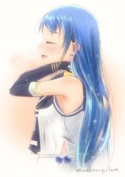 Rule 34 | 1girl, adjusting hair, armpits, artist name, bare shoulders, blue hair, blue neckerchief, blush, breasts, closed eyes, commentary request, elbow gloves, from side, gloves, kantai collection, light particles, long hair, mae (maesanpicture), neckerchief, open mouth, samidare (kancolle), school uniform, serafuku, shirt, simple background, skirt, sleeveless, small breasts, solo, swept bangs, upper body, very long hair, white serafuku, white shirt, white skirt