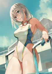 Rule 34 | 1girl, blue eyes, blue sky, breasts, cloud, commentary, competition swimsuit, day, eyewear around neck, hair between eyes, highleg, highleg swimsuit, highres, kekemotsu, large breasts, looking at viewer, one-piece swimsuit, original, outdoors, poolside, short hair, sky, solo, swimsuit, symbol-only commentary, thighs, wet, white hair, white one-piece swimsuit