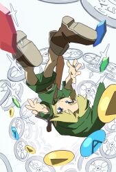 Rule 34 | 1boy, absurdres, blonde hair, blue eyes, boots, brown footwear, clock, closed mouth, falling, gameplay mechanics, green hat, green shorts, hat, highres, jacktaro, link, male focus, nintendo, rupee (zelda), sheath, sheathed, short sleeves, shorts, solo, sparkle, sword, the legend of zelda, the legend of zelda: majora&#039;s mask, tunic, upside-down, weapon, weapon on back, young link