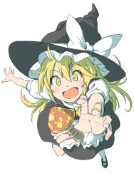 Rule 34 | &gt;:d, 1girl, :d, \||/, ahoge, blonde hair, blush, dive, dress, fingernails, happy, hat, highres, inuno rakugaki, kirisame marisa, long hair, mary janes, mushroom, open mouth, shoes, smile, solo, touhou, v-shaped eyebrows, white background, witch hat, yellow eyes