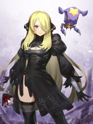 Rule 34 | 1girl, 2b (nier:automata), 2b (nier:automata) (cosplay), black dress, black thighhighs, blonde hair, blush, breasts, cleavage, cleavage cutout, closed mouth, clothing cutout, commentary request, contrapposto, cosplay, creatures (company), cynthia (pokemon), danryoku (ucrh3525), dress, game freak, gloves, hair ornament, hair over one eye, highres, holding, holding poke ball, juliet sleeves, long hair, long sleeves, nier:automata, nier (series), nintendo, pod (nier:automata), poke ball, poke ball (basic), pokemon, pokemon dppt, puffy sleeves, purple eyes, solo, thighhighs
