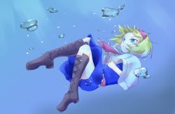 Rule 34 | 1girl, alice margatroid, blonde hair, blue dress, blue eyes, boots, brown footwear, bubble, capelet, closed mouth, commentary request, cookie (touhou), cross-laced footwear, dare who zzzz, dress, expressionless, frilled hairband, frills, full body, hairband, ichigo (cookie), interlocked fingers, necktie, own hands together, red hairband, red necktie, short hair, solo, touhou, underwater, white capelet