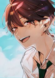 Rule 34 | 1boy, blush, brown hair, collared shirt, commentary request, ensemble stars!, hair between eyes, highres, looking at viewer, male focus, morisawa chiaki, necktie, ninomiya (t 238 t), open mouth, red eyes, shirt, short hair, solo, teeth, upper teeth only, white shirt