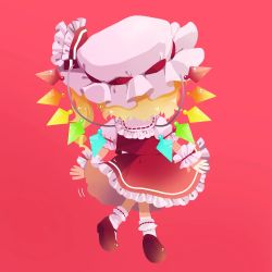 Rule 34 | blouse, flandre scarlet, hat, highres, maa (forsythia1729), mob cap, pink hat, pink shirt, red background, shirt, simple background, socks, solo, tagme, touhou, white socks