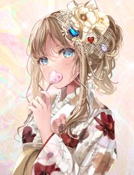 Rule 34 | 1girl, absurdres, blonde hair, blue eyes, blush, candy, commentary, covering own mouth, english commentary, floral print, flower, food, frilled kimono, frills, hair flower, hair ornament, hand up, heart, heart-shaped lollipop, highres, holding, holding candy, holding food, holding lollipop, japanese clothes, kimono, lollipop, long hair, long sleeves, looking at viewer, original, print kimono, puracotte, shaped lollipop, sidelocks, solo, upper body
