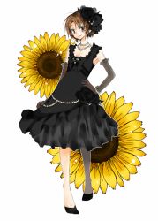 Rule 34 | 1girl, brown eyes, brown hair, dress, elbow gloves, flat chest, flower, gloves, hair ornament, necklace, norma beatty, shoes, short hair, smile, tales of (series), tales of legendia