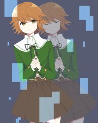 Rule 34 | 1boy, brown eyes, brown hair, brown skirt, closed eyes, closed mouth, commentary request, danganronpa: trigger happy havoc, danganronpa (series), dutch angle, facing viewer, ffotnkhso, fujisaki chihiro, green jacket, highres, holding hands, jacket, long sleeves, looking at viewer, male focus, neck ribbon, own hands together, pleated skirt, ribbon, short hair, skirt, trap