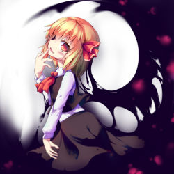 Rule 34 | 1girl, :d, blonde hair, darkness, fang, finger to face, killing, open mouth, red eyes, rumia, shirt, short hair, skirt, smile, touhou, vest