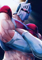 Rule 34 | 1boy, abs, armor, artist request, biceps, crossed arms, helmet, highres, kinnikuman, large pectorals, looking at viewer, manly, muscular, pectorals, red eyes, robin mask, shaded face, solo