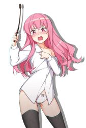 Rule 34 | 1girl, black thighhighs, blush, bow, bow panties, chromatic aberration, collared shirt, dress shirt, gluteal fold, hair between eyes, highres, holding, holding riding crop, holding wand, long hair, long sleeves, louise francoise le blanc de la valliere, off shoulder, open mouth, panties, pink eyes, pink hair, shirt, shirt tug, sidelocks, simple background, surprised, thighhighs, underwear, wand, wavy mouth, white background, white panties, white shirt, yinyu (yinyu1999), zero no tsukaima