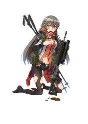 Rule 34 | 1girl, assault rifle, black hair, blush, bow, bow panties, breasts, chocolate, cleavage, food in mouth, full body, girls&#039; frontline, gloves, green eyes, grenade launcher, gun, highres, holding, holding gun, holding weapon, jacket, load bearing equipment, long hair, magazine (weapon), ndtwofives, open clothes, open skirt, original, panties, panties under pantyhose, pantyhose, pleated skirt, pouch, rifle, sig 500 (girls&#039; frontline) (ndtwofives), sig 550 (girls&#039; frontline) (ndtwofives), sig sauer, sig sg550, single glove, ski pole, skirt, solo, torn clothes, torn pantyhose, transparent background, underbarrel grenade launcher, underwear, weapon, white background, white panties