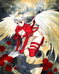 Rule 34 | 1girl, angel wings, blood, blood splatter, boots, breasts, cleavage, cleavage cutout, clothing cutout, dual wielding, elbow gloves, female focus, final fantasy, final fantasy tactics, gloves, head wings, holding, kikimimi 612, long hair, red eyes, red footwear, shoes, silver hair, solo, sword, thigh boots, thigh strap, thighhighs, ultima (fft), weapon, wings