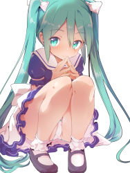 Rule 34 | 1girl, blue shirt, bow, caburi, green eyes, green hair, hair bow, hatsune miku, highres, long hair, mary janes, own hands together, panties, pantyshot, ribbon, shirt, shoes, simple background, skirt, smile, socks, solo, squatting, twintails, underwear, upskirt, vocaloid, white background, white panties, white skirt