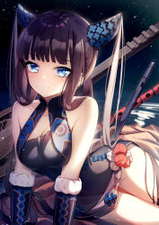 Rule 34 | 1girl, bare shoulders, black dress, blue eyes, blunt bangs, blush, breasts, china dress, chinese clothes, cleavage, commentary request, detached sleeves, double bun, dress, fate/grand order, fate (series), hair bun, hair ornament, highres, large breasts, long hair, looking at viewer, purple hair, sidelocks, smile, solo, thighs, twintails, very long hair, yan (nicknikg), yang guifei (fate), yang guifei (second ascension) (fate)