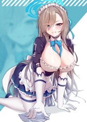 Rule 34 | 1girl, absurdres, asuna (blue archive), blue archive, blue eyes, bow, bowtie, breasts, cleavage, gloves, highres, large breasts, light brown hair, long hair, looking at viewer, maid, smile, solo, watchimen