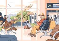 Rule 34 | 4girls, 6+boys, against window, backpack, bag, baseball cap, blue bag, brown footwear, brown hair, brown pants, chair, child, chinese zodiac, closed mouth, cloud, dragon, eastern dragon, father and son, flight attendant, full body, gourd, grey pants, hair bun, hand up, hands up, hat, highres, holding, holding phone, hood, hood down, hooded jacket, indoors, jacket, long sleeves, mizukawa masaya, mount fuji, multiple boys, multiple girls, new year, orange jacket, original, pants, phone, reading, rolling suitcase, shoes, sky, smile, sneakers, suitcase, taking picture, travel attendant, white sky, window, year of the dragon, yellow headwear, yellow pants
