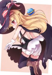 Rule 34 | 1girl, bandaid, black thighhighs, blonde hair, bloomers, brown footwear, cloak, cross-laced footwear, dress, from behind, gloves, hairband, hat, highres, leg up, little witch nobeta, long hair, looking at viewer, looking back, nobeta, red eyes, shen li, sleeveless, solo, standing, standing on one leg, striped clothes, striped dress, thighhighs, underwear, vertical-striped clothes, vertical-striped dress, white bloomers, witch hat