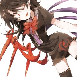 Rule 34 | 1girl, asymmetrical wings, bad id, bad pixiv id, black hair, black thighhighs, dress, female focus, hisona (suaritesumi), houjuu nue, one eye closed, open mouth, red eyes, ribbon, short hair, smile, solo, thighhighs, touhou, wings, wink