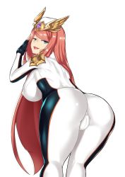 Rule 34 | 1girl, absurdres, aqua eyes, ass, aster crowley, bodysuit, brave frontier, breasts, cameltoe, character request, cleft of venus, come hither, covered erect nipples, fingerless gloves, from behind, gloves, hat, highres, jumpsuit, large breasts, leaning, leaning forward, long hair, looking at viewer, looking back, open mouth, pink hair, shiny clothes, sideboob, simple background, skin tight, smile, solo, very long hair, white background