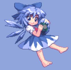 Rule 34 | 1girl, bad id, bad pixiv id, barefoot, blue eyes, blue hair, bow, cirno, embodiment of scarlet devil, feet, female focus, full body, hair bow, kou 2008, lowres, matching hair/eyes, pixel art, short hair, simple background, solo, touhou, wings