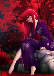 Rule 34 | 1girl, autumn leaves, barefoot, chrysanthemum print, closed mouth, collarbone, commentary request, floral print, flower, grass, highres, japanese clothes, kimono, leaf, long hair, looking at viewer, night, obi, outdoors, purple kimono, red eyes, red flower, red hair, rock, sash, shoori (migiha), sitting, sitting on rock, smile, solo, spider lily, tohno akiha, tree, tsukihime, wide sleeves, yukata