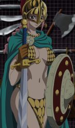 Rule 34 | 1girl, absurdres, armor, bare legs, bikini armor, braid, breasts, cape, curvy, dressrosa, dungeon, female focus, gladiator, gloves, gradient background, helmet, highres, large breasts, long hair, navel, one piece, pink hair, rebecca (one piece), screencap, shield, solo, standing, stitched, sword, third-party edit, weapon