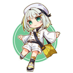 Rule 34 | 1girl, :3, a.i. voice, bag, belt, black belt, black socks, black undershirt, blonde hair, blush, chibi, circle, commentary, full body, gradient hair, green background, green eyes, grey hair, hair ornament, hairclip, hat, kneehighs, long sleeves, looking at viewer, multicolored hair, neckerchief, outstretched arms, sailor collar, sailor hat, shirt, shoes, short hair, shorts, shoulder bag, single hair intake, sneakers, socks, solo, spread arms, standing, standing on one leg, streaked hair, tsunose kotone, tsunose kotone (tsubomi), white background, white hat, white sailor collar, white shirt, white shorts, yamainu luna, yellow neckerchief