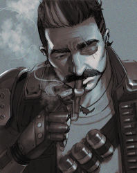 Rule 34 | 1boy, apex legends, arm behind back, daichi midori, explosive, eyepatch, facial hair, fuse (apex legends), grenade, grey background, greyscale, jacket, jewelry, looking down, male focus, mechanical arms, monochrome, multicolored hair, mustache, necklace, portrait, scar, scar across eye, shirt, single mechanical arm, solo, soul patch, streaked hair
