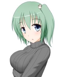 Rule 34 | 1girl, blue eyes, breasts, daiyousei, edamame (barium), female focus, green hair, hair ornament, open mouth, ribbed sweater, side ponytail, simple background, snowman, solo, sweater, touhou, white background