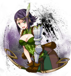 Rule 34 | 1girl, bare shoulders, bow (weapon), breasts, brown hair, circlet, feather hair ornament, feathers, fire emblem, fire emblem awakening, frown, hair ornament, holding, holding bow (weapon), holding weapon, large breasts, looking at viewer, nintendo, noire (fire emblem), open mouth, quiver, shuri yasuyuki, upper body, weapon