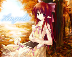 Rule 34 | autumn, book, rabbit, dress, lowres, outdoors, pointy ears, purple eyes, red hair, ribbon, ritsuki, solo, tree