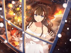 Rule 34 | 1girl, bare shoulders, blue eyes, box, breasts, brown hair, christmas, christmas tree, cleavage, detached sleeves, dress, earrings, fireplace, flower-shaped pupils, gift, gift box, glass, gun, hair ornament, huge breasts, jewelry, key, long hair, looking at viewer, looking outside, necklace, official art, senran kagura, senran kagura new link, snow, snowing, solo, surprised, symbol-shaped pupils, toki (senran kagura), weapon, white dress, window