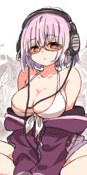 Rule 34 | 10s, 1girl, bare shoulders, bikini, breasts, cable, cleavage, closed mouth, collarbone, comic, expressionless, front-tie bikini top, front-tie top, glasses, gridman universe, halterneck, head tilt, highres, indian style, jacket, large breasts, long sleeves, looking at viewer, matsuda hikari, off shoulder, open clothes, open jacket, orange-tinted eyewear, orange-tinted glasses, pink-framed eyewear, pink eyes, pink hair, purple jacket, ribbon, semi-rimless eyewear, shinjou akane, short hair, sitting, solo, ssss.gridman, sunglasses, swimsuit, tinted eyewear, under-rim eyewear, white bikini, white ribbon, yellow-tinted eyewear, yellow-tinted glasses