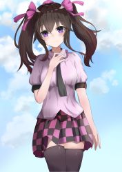 Rule 34 | 1girl, absurdres, black necktie, black skirt, black thighhighs, blue sky, blush, breasts, brown hair, checkered clothes, checkered skirt, cloud, commentary request, cowboy shot, day, frilled shirt collar, frills, garaudon, hair between eyes, hair ribbon, hand up, hat, head tilt, highres, himekaidou hatate, long hair, looking at viewer, medium breasts, miniskirt, necktie, outdoors, puffy short sleeves, puffy sleeves, purple eyes, purple ribbon, purple shirt, purple skirt, ribbon, shirt, short sleeves, sidelocks, skirt, sky, smile, solo, standing, thighhighs, thighs, tokin hat, touhou, twintails, wing collar, zettai ryouiki