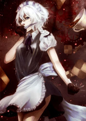 Rule 34 | 1girl, apron, between fingers, black gloves, blue eyes, braid, checkerboard cookie, cookie, cup, female focus, food, gloves, holding, izayoi sakuya, knife, looking at viewer, maid, maid apron, maid headdress, silver hair, sizu, solo, teacup, touhou, twin braids, waist apron, weapon