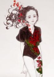 Rule 34 | 1girl, black hair, black shirt, black shorts, cowboy shot, floating hair, flower, limited palette, looking at viewer, original, parted lips, red flower, shirt, short sleeves, shorts, simple background, solo, spot color, syalgu, white background