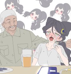 Rule 34 | + +, 1boy, 1girl, alcohol, bad id, bad twitter id, beer mug, black hair, blush, breasts, chibi, chibi inset, collared shirt, commentary request, crescent, crescent hair ornament, crying, crying with eyes open, cup, dirty, dirty clothes, drunk, grey shirt, hair intakes, hair ornament, headdress, highres, holding, holding cup, kagayaki eve, kiratto pri chan, large breasts, long hair, long sleeves, looking at another, looking at viewer, low ponytail, luluna (pri chan), mug, nose blush, old, old man, open mouth, plate, pretty series, red eyes, sakazuki, shirt, smile, snot, table, tears, upper body, wavy hair, white background, yellow eyes, zashima
