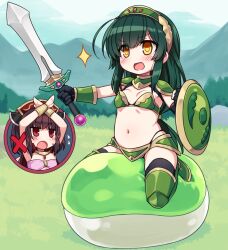 Rule 34 | 2girls, armor, bikini armor, blush, breasts, brown hair, day, field, forest, gloves, grass, green armor, green hair, holding, holding shield, holding sword, holding weapon, long hair, mountainous horizon, multiple girls, nature, navel, null (nyanpyoun), open mouth, outdoors, red eyes, riding, shield, slime (creature), small breasts, straddling, sword, touhoku kiritan, touhoku zunko, underwear, v-shaped eyebrows, voiceroid, weapon, x, x arms, yellow eyes