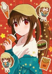 Rule 34 | 1girl, ^ ^, alternate costume, aqua jacket, blush, brown hair, burger, casual, chibi, chibi inset, closed eyes, closed mouth, commentary request, cup, disposable cup, expressionless, eyelashes, eyes visible through hair, food, french fries, hair between eyes, happy, hat, highres, holding, holding cup, holding food, ice cream, jacket, little busters!, long hair, looking at viewer, natsume rin, peaked cap, piyo (kinkooo333), ponytail, red background, red eyes, shirt, sidelocks, simple background, sleeves past wrists, smile, solo, star (symbol), upper body, white shirt, yellow hat