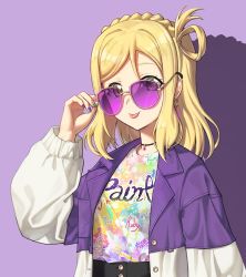 Rule 34 | 1girl, :p, artist name, artist request, black choker, blonde hair, blush, braid, breasts, brown eyes, choker, clothes writing, crown braid, earrings, female focus, glasses, green eyes, green nails, hair rings, holding glasses, jacket, jewelry, looking at viewer, love live!, love live! sunshine!!, nail, nail polish, ohara mari, parted lips, purple background, purple nail polish, purple nails, shirt, short hair, smile, solo, tongue, tongue out, upper body, white shirt, yellow eyes