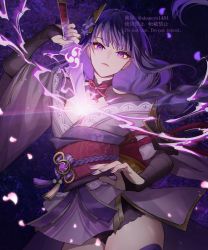 Rule 34 | 1girl, armor, blunt bangs, braid, breasts, bridal gauntlets, cleavage, closed mouth, commentary request, dark background, electricity, expressionless, falling petals, genshin impact, gloves, glowing, glowing sword, glowing weapon, highres, human scabbard, japanese clothes, katana, kimono, lips, long hair, looking at viewer, low-braided long hair, low-tied long hair, medium breasts, mitsudomoe (shape), mole, mole under eye, musou isshin (genshin impact), nail polish, obi, obiage, obijime, off shoulder, ojo aa, petals, purple eyes, purple hair, purple kimono, purple nails, raiden shogun, sash, shoulder armor, solo, sword, thighhighs, tomoe (symbol), upper body, vision (genshin impact), weapon