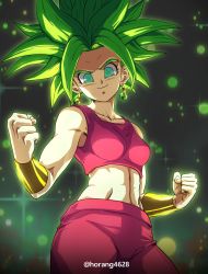 Rule 34 | 1girl, absurdres, aqua eyes, aura, breasts, clenched hands, closed mouth, crop top, dragon ball, dragon ball super, earrings, green hair, highres, horang4628, jewelry, kefla (dragon ball), looking at viewer, midriff, pants, potara earrings, smile, solo, spiked hair, super saiyan
