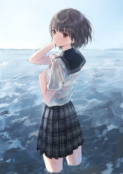 Rule 34 | 1girl, arm up, bare legs, black eyes, black hair, black skirt, blue reflection (series), blue reflection maboroshi ni mau shoujo no ken, blue sky, blush, female focus, from behind, hands on own chest, head tilt, highres, in water, legs, looking at viewer, looking back, medium hair, neck, neckerchief, non-web source, outdoors, see-through, see-through shirt, shirai hinako, shirt, skirt, sky, solo, standing, standing in water, thighs, wading, water, wet, wet clothes, wet shirt