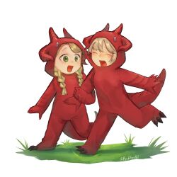 Rule 34 | 2girls, animal costume, artist name, blackroseno1, blonde hair, braid, closed eyes, dragon costume, dungeon meshi, falin thorden, grass, green eyes, grey hair, happy, highres, locked arms, long hair, looking at another, marcille donato, mascot costume, multiple girls, open mouth, simple background, smile, twin braids, walking, white background, yuri