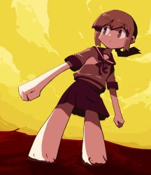 Rule 34 | 10s, 1girl, brown eyes, brown hair, clenched hands, dokan (dkn), from below, fubuki (kancolle), kantai collection, limited palette, perspective, ponytail, school uniform, serafuku, short sleeves, sidelocks, sky, solo, standing, wading, yellow sky