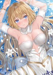 Rule 34 | 1girl, armpits, arms up, bare shoulders, blonde hair, blue eyes, blush, breasts, cleavage, detached collar, dress, fate/grand order, fate (series), flower, highres, jeanne d&#039;arc (fate), jeanne d&#039;arc (lostroom outfit) (fate), kazama (akki12), large breasts, long hair, looking at viewer, lying, on back, partially submerged, solo, very long hair, water, wet, white dress