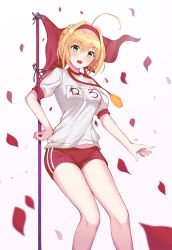 Rule 34 | 10s, 1girl, ahoge, bad id, bad pixiv id, blonde hair, braid, character name, fate/extra, fate (series), flag, green eyes, gym uniform, hair intakes, hairband, highres, looking at viewer, nero claudius (fate), nero claudius (fate) (all), nero claudius (fate/extra), official alternate costume, open mouth, red hairband, red shorts, shirt, short hair, short shorts, short sleeves, shorts, simple background, solo, standing, tio (005), white background, white shirt