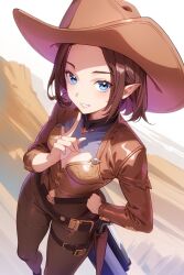 Rule 34 | 1girl, belt, blue capelet, blue eyes, breasts, brown hair, brown jacket, brown pants, canyon, capelet, cleavage, clothing cutout, commission, cowboy hat, cowboy western, desert, elezen, elf, feet out of frame, final fantasy, final fantasy xiv, gun, hand on own hip, hat, highres, holster, jacket, leather, leather jacket, lipstick, long bangs, makeup, multiple belts, navel, navel cutout, netarou (shinra), pants, pointing, pointing at self, pointing up, pointy ears, short hair, small breasts, solo, thick eyelashes, warrior of light (ff14), weapon